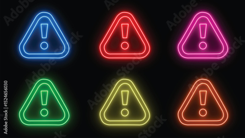 Glowing neon attention sign for design. Warning icon. Attention sign. report icon. Exclamation mark in triangle icon isolated on black background. vector, transparent 