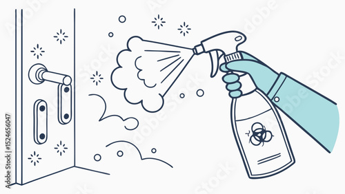 Disinfectant Spray on Door Handle: Cleanliness Illustration with Glove and Sparkles.