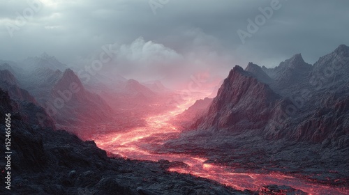 Volcanic landscape with flowing lava stream and imposing mountain range