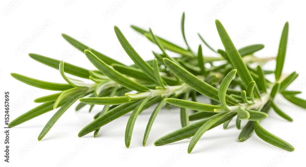 Close up shot of a sprig of fresh rosemary herb on a white background surface view Close up shot of a sprig of fresh rosemary herb on a white background surface view
