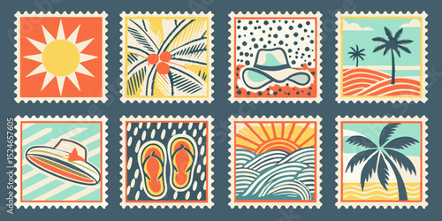 Collection of Summer Vacation Themed Postage Stamps with Palm Trees Sun Hats and Flip Flops in a Vintage Style