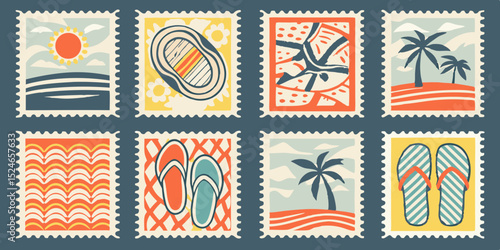 Collection of Summer Themed Postage Stamps with Beach Scenes Palm Trees and Flip Flops in Retro Style and Warm Colors