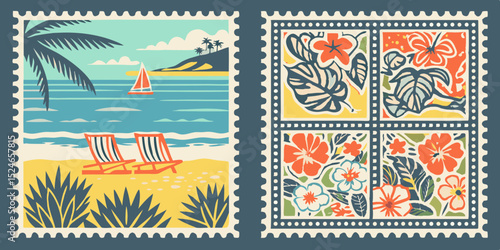 Vintage Style Tropical Beach and Floral Stamps Vacation Postcard Design Retro Travel Illustration Summer Holiday Nostalgic Souvenir Colorful Graphic Vector Art