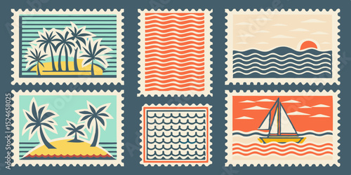 Collection of Vintage Style Summer Holiday Postage Stamps Featuring Tropical Islands Ocean Waves Sailboat and Sunset Scenes in Retro Colors