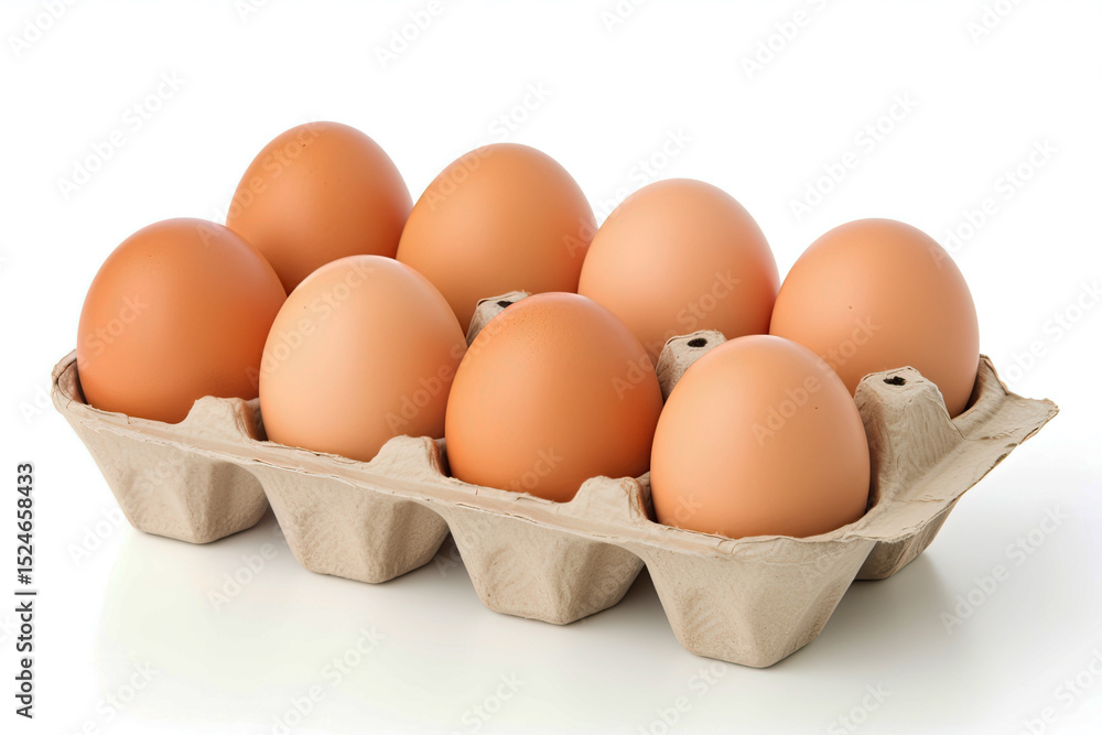 Ten fresh eggs uncooked in a carton box on a white background Ten fresh eggs uncooked in a carton box on a white background
