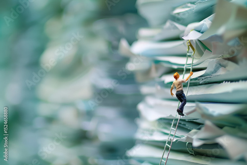 Miniature man climbing ladder on giant stack of paper in office scene
