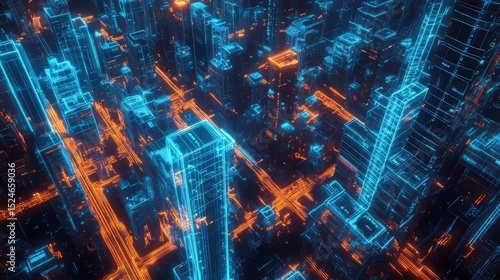 A digital cityscape viewed from above, with glowing blue and orange neon lines forming the outlines of futuristic skyscrapers