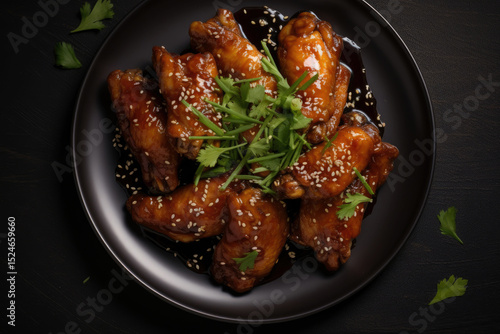 Top view close up of honey soy chicken wings on dark stone plate