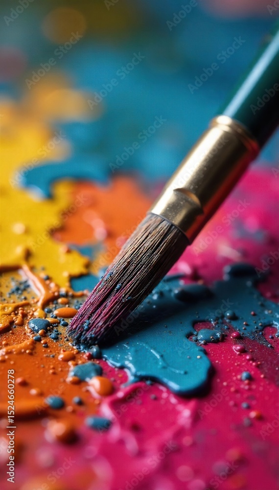 Obraz premium Close-up of a paintbrush resting on a vibrant artist's palette, ready for the next stroke of creative genius Oil paints, textures, and colors are richly displayed , visual arts, vibrant