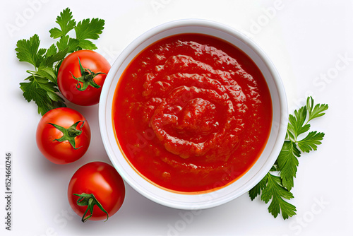 Top view of delicious homemade tomato sauce in a bowl with a white background