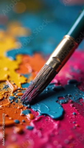 Close-up of a paintbrush resting on a vibrant artist's palette, ready for the next stroke of creative genius Oil paints, textures, and colors are richly displayed , visual arts, vibrant
