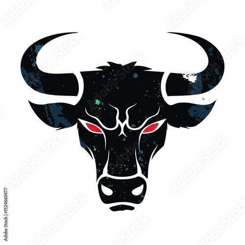 Powerful black bull head grunge style logo design