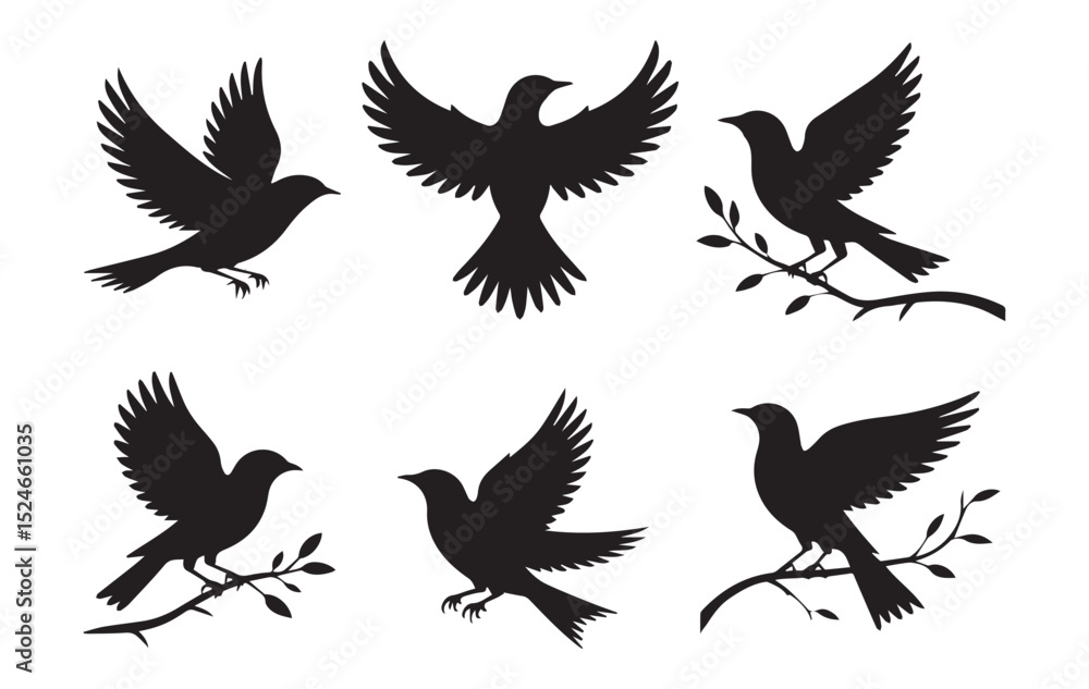 Fototapeta premium Elegant Black Bird Silhouettes Set: Flying, Perched, and Nature Vector Icons