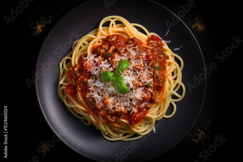 Top view of spaghetti pasta with bolognese sauce and parmesan cheese