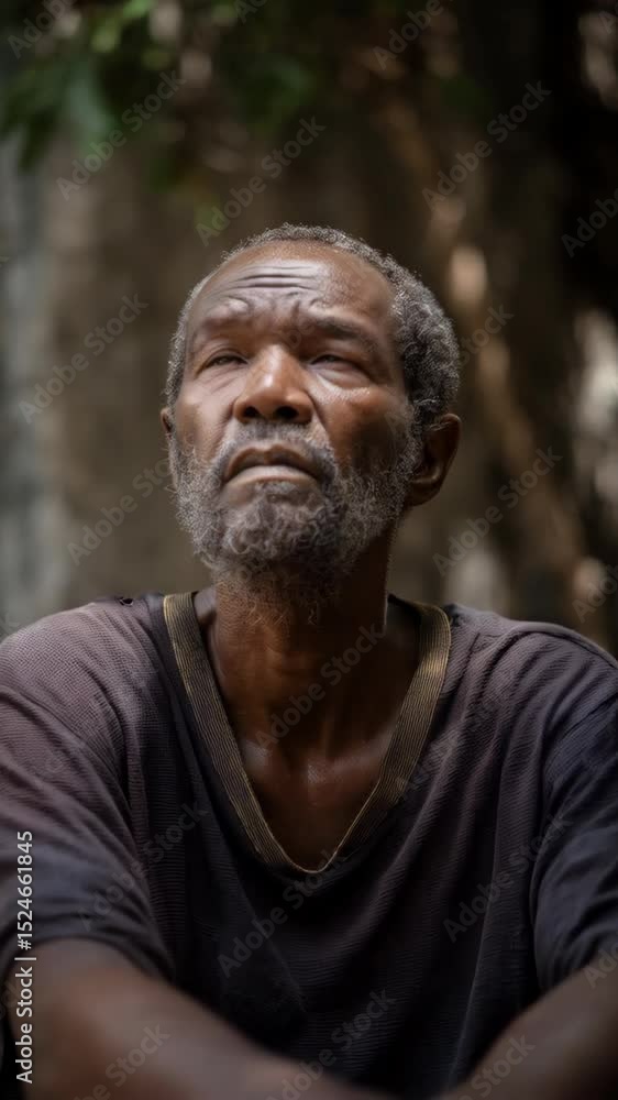 African senior man sitting outside looking up with weathered skin and graying beard, with a background of foliage and light. African senior man sitting outside looking up with weathered skin and graying beard, with a background of foliage and light.