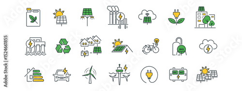 Energy and ecology line icon set. Includes symbols for green practices, carbon tracking, and earth care. Focus on environment-friendly visuals. Vector illustration.