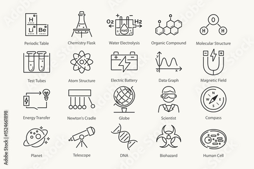 Vector  set of line science icons. Includes lab tools, molecules, telescope, microscope, virus, atom, and chemistry elements. Perfect for educational design.
