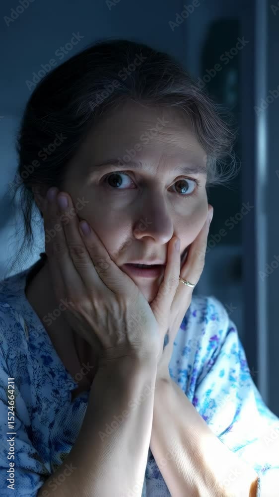 Close-up of a scared woman with hands on cheeks in a blue room, eyes wide open looking with surprise and fear Close-up of a scared woman with hands on cheeks in a blue room, eyes wide open looking with surprise and fear