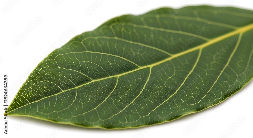 Obraz premium A close up view of a green leaf with detailed veins on a white background surface