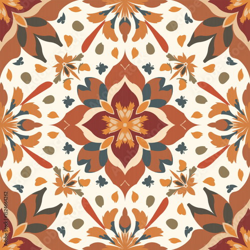 Seamless pattern used for tiles, then wallpapers, geometric flower patterns, brown, orange background, light cream, vector pattern.