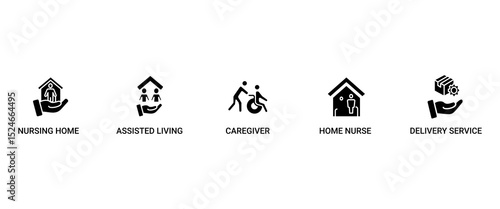 ELDERLY CARE web banner icon set symbol vector illustration concept with icon of NURSING HOME, ASSISTED LIVING, CAREGIVER, HOME NURSE, DELIVERY SERVICE,