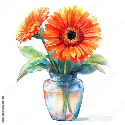 A Gerbera In A Vase, watercolor painting vector, high quality, isolated on a white background.