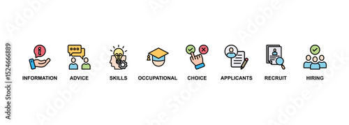 Job fair banner web icon set vector illustration concept for employee recruitment and onboarding program with an icon of the information, advice, skills, occupational, applicants, recruit, and hiring