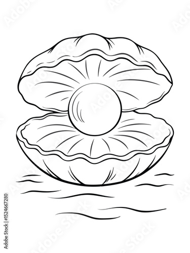 black and white clam shell with pearl line drawing illustration