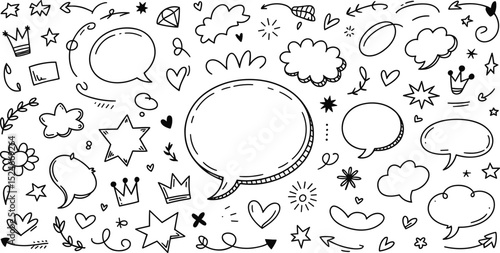 Creative Hand-Drawn Doodle Elements: Speech Bubbles, Stars, Hearts, and Decorative Icons for Design Projects