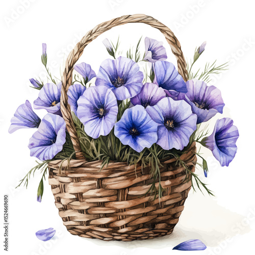 watercolor vector of A Flax Flower Basket, high quality, isolated on a white background.