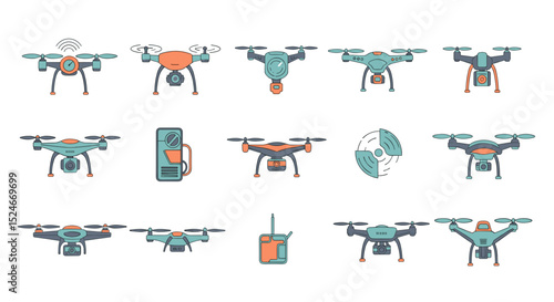 Collection of stylized drones with different designs and colors arranged in rows and columns format