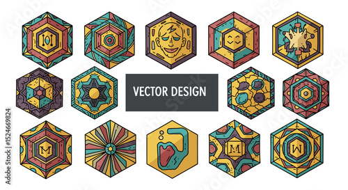 Collection of fifteen uniquely designed hexagonal amulets with various patterns and artistic elements