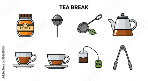 Illustration of tea time elements including honey jar, tea infusers, teapot, cups and tea bag with tongs