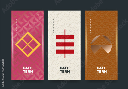 Creative Japanese abstract patterns featuring bold symbolic graphics over traditional backgrounds Ideal for packaging branding or minimal product design themes