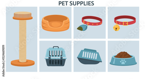 Illustration of various pet supplies including a scratching post bed carriers and food bowl items for pets