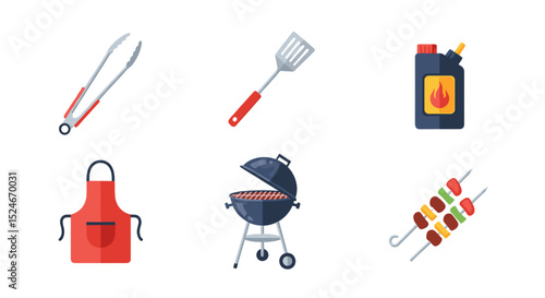 Illustration showing barbecue tools, grill, apron, lighter and kebab sticks on a white background