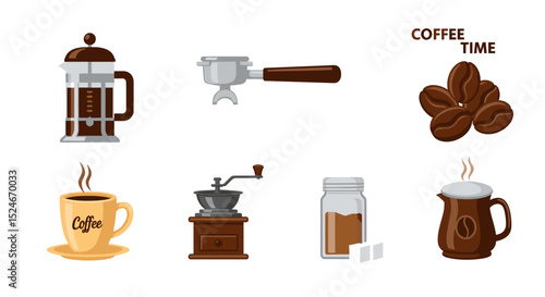 Illustration showing various coffee preparation methods and ingredients for a coffee themed design project