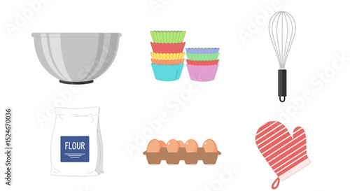 Illustration of baking supplies including a bowl, cupcake liners, whisk, flour, eggs and oven mitt