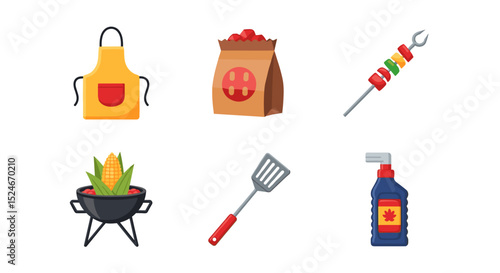 Illustration of barbecue equipment including apron, charcoal, skewer, corn and spatula and lighter