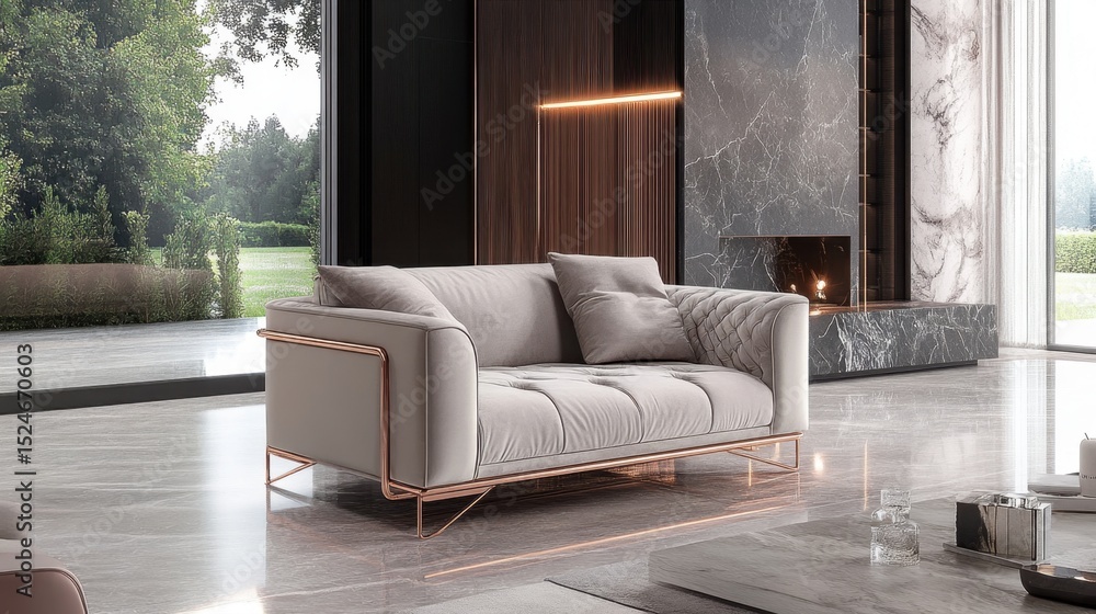 Fototapeta premium Elegant home interior with rose gold chair frame and soft pastel velvet upholstery