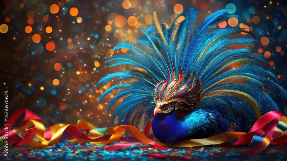 Fototapeta premium Festive dance feathered crown surrounded by colorful ribbons