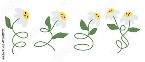 70's vintage groovy flowers collection of daisy flower, cartoon character illustration with cute face emotion set in retno 60s and 70s hippie style.