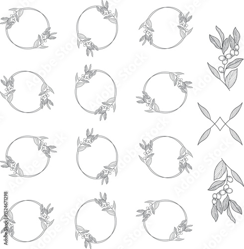 laurels frames branches. Vintage laurel wreaths collection. Hand drawn vector laurel leaves decorative elements. Leaves, swirls, ornate, award, icon.