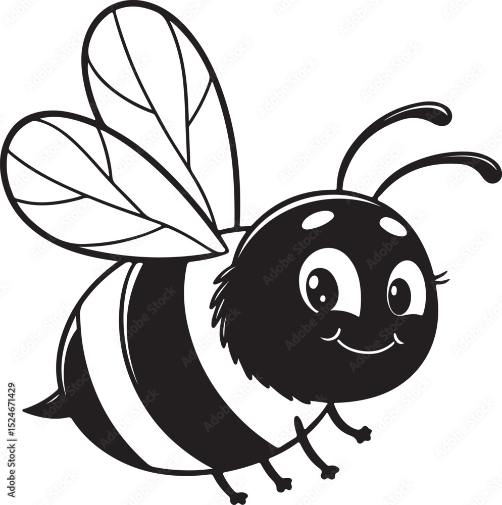 Obraz premium Chubby cartoon bee silhouette with happy face and rounded body, clean black design, easy to trace for microstock use