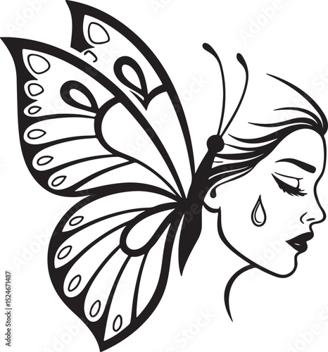 Emotional butterfly silhouette with teardrop face and lowered wings, clean black design, expressive and ready for stock sites