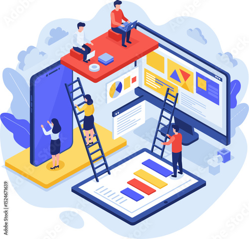 Isometric flat vector illustration of a working together with technology