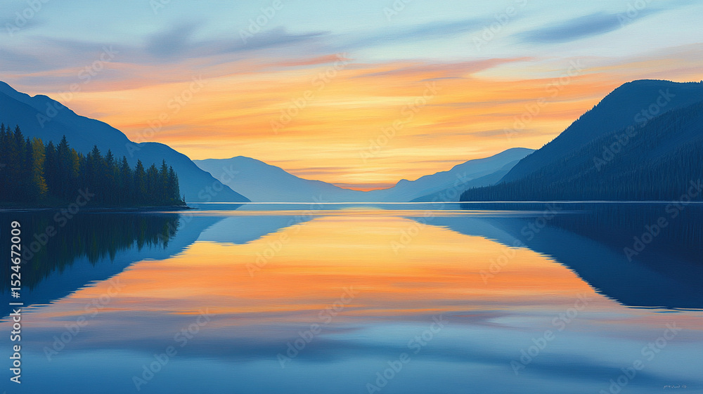 Obraz premium Tranquil Sunset Over a Mountain Lake