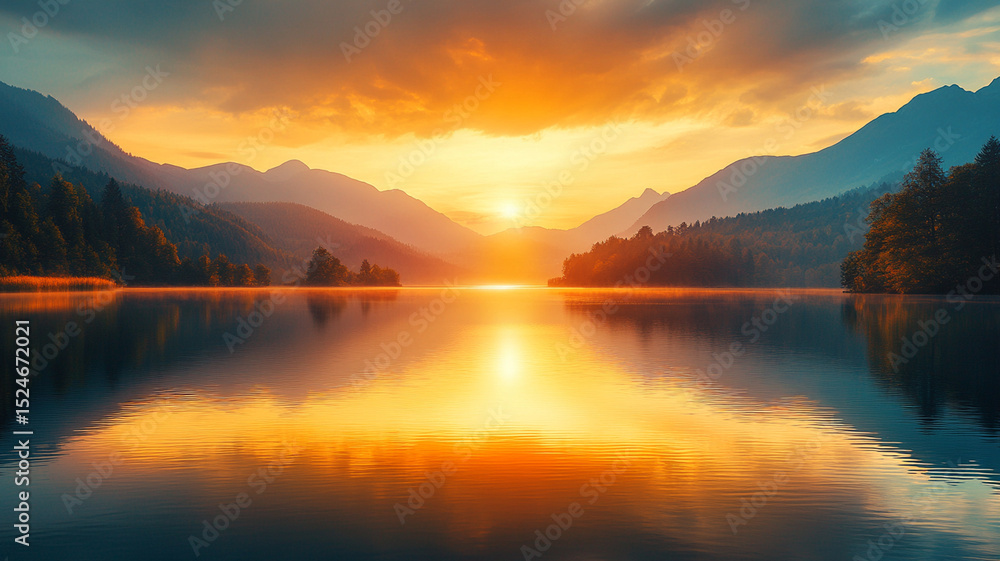 Tranquil Sunset Over a Mountain Lake Tranquil Sunset Over a Mountain Lake