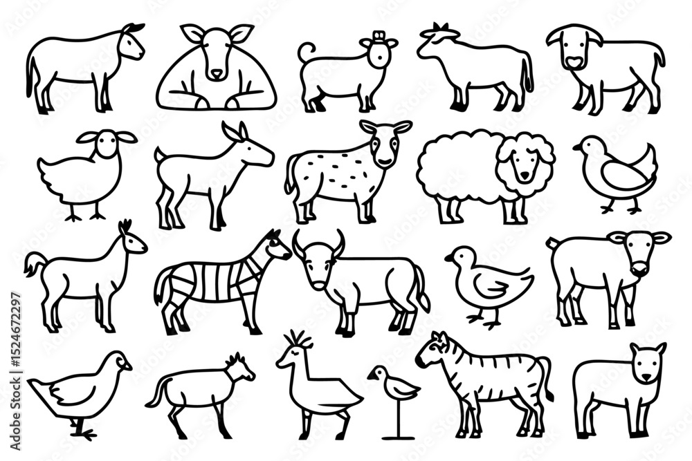 Fototapeta premium Farm animals illustration featuring pork hen cow sheep goat and goose isolated on transparent background