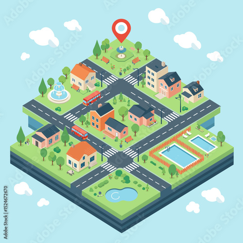 Isometric vector illustration of a city map with buildings, houses, streets, and urban architecture